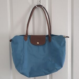 Longchamp Blue Tote with Brown Leather Trim